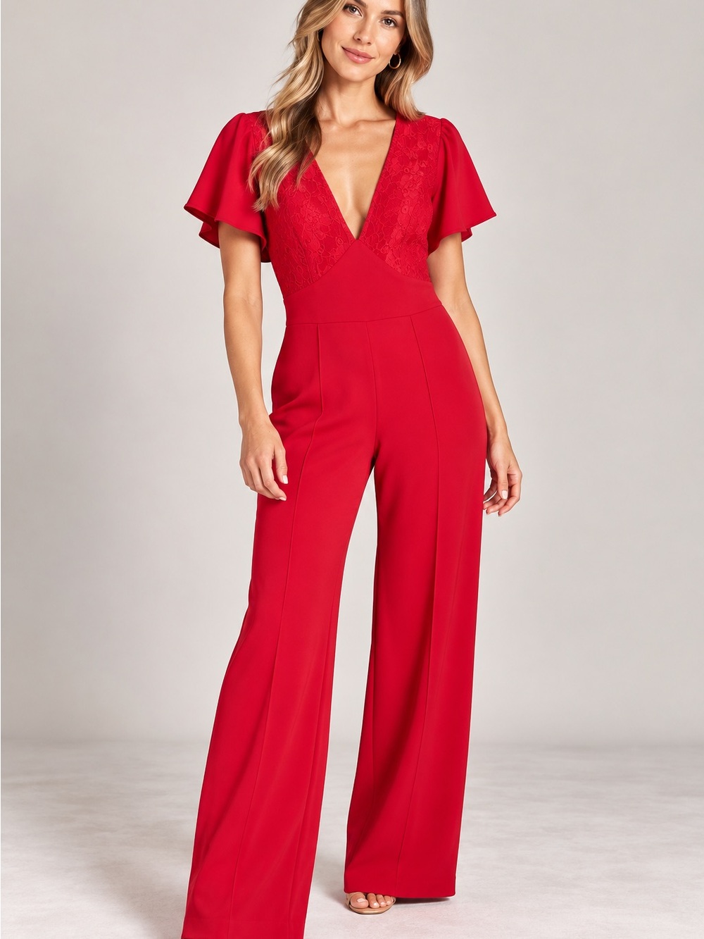 june & hudson Red V-Neck Wide-Leg Lace Bodice Jumpsuit